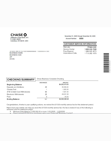 Editable Chase Bank Business November 2025 Template